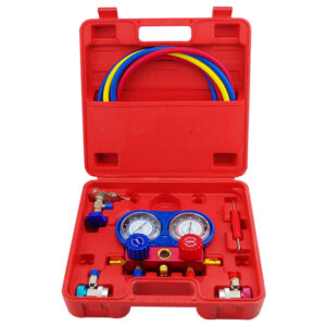 Kit de recarga y comprobador de presión de aire acondicionado con manómetros y acoples.