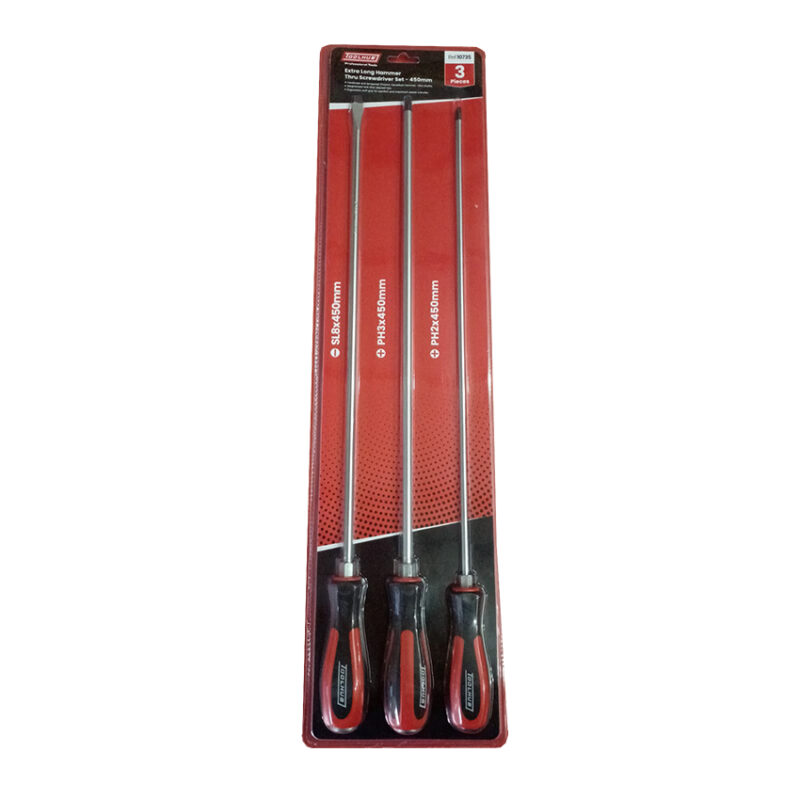 Juego de destornilladores largos de 3 piezas con mango ergonómico.