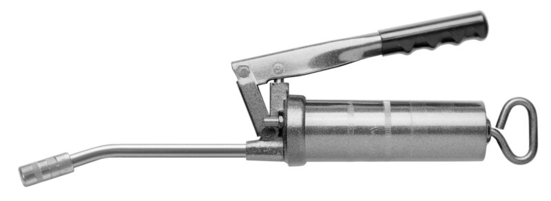Bomba de engrase manual compacta a palanca Samoa Serie AN de 300 cc con depósito de acero moleteado y tubo rígido de salida.