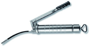 Bomba de engrase manual a palanca Samoa Serie AN de 500 cc con cuerpo de acero moleteado y latiguillo flexible.