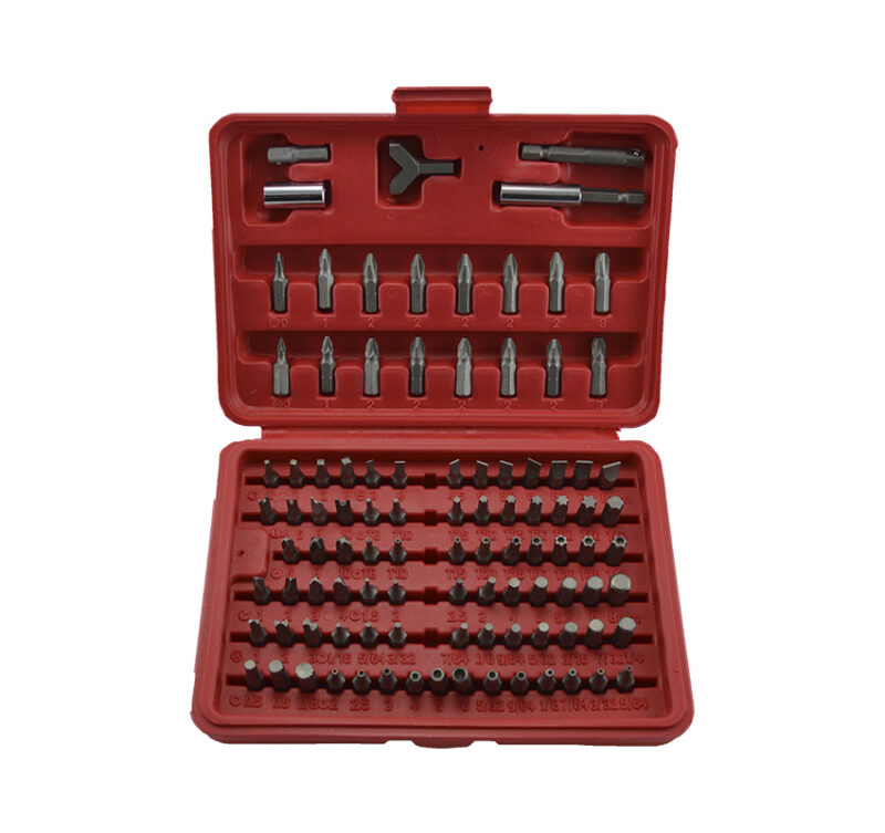 Juego de puntas de atornillar de 100 piezas Toolhub en su estuche.