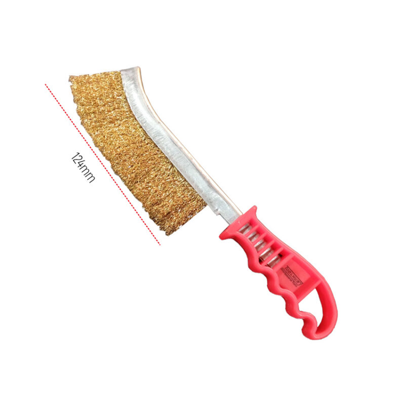 Cepillo de alambre profesional con mango ergonómico de plástico y cerdas de acero latonado.