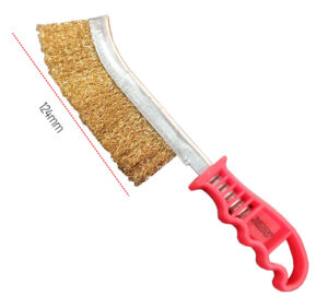 Cepillo de alambre profesional con mango ergonómico de plástico y cerdas de acero latonado.