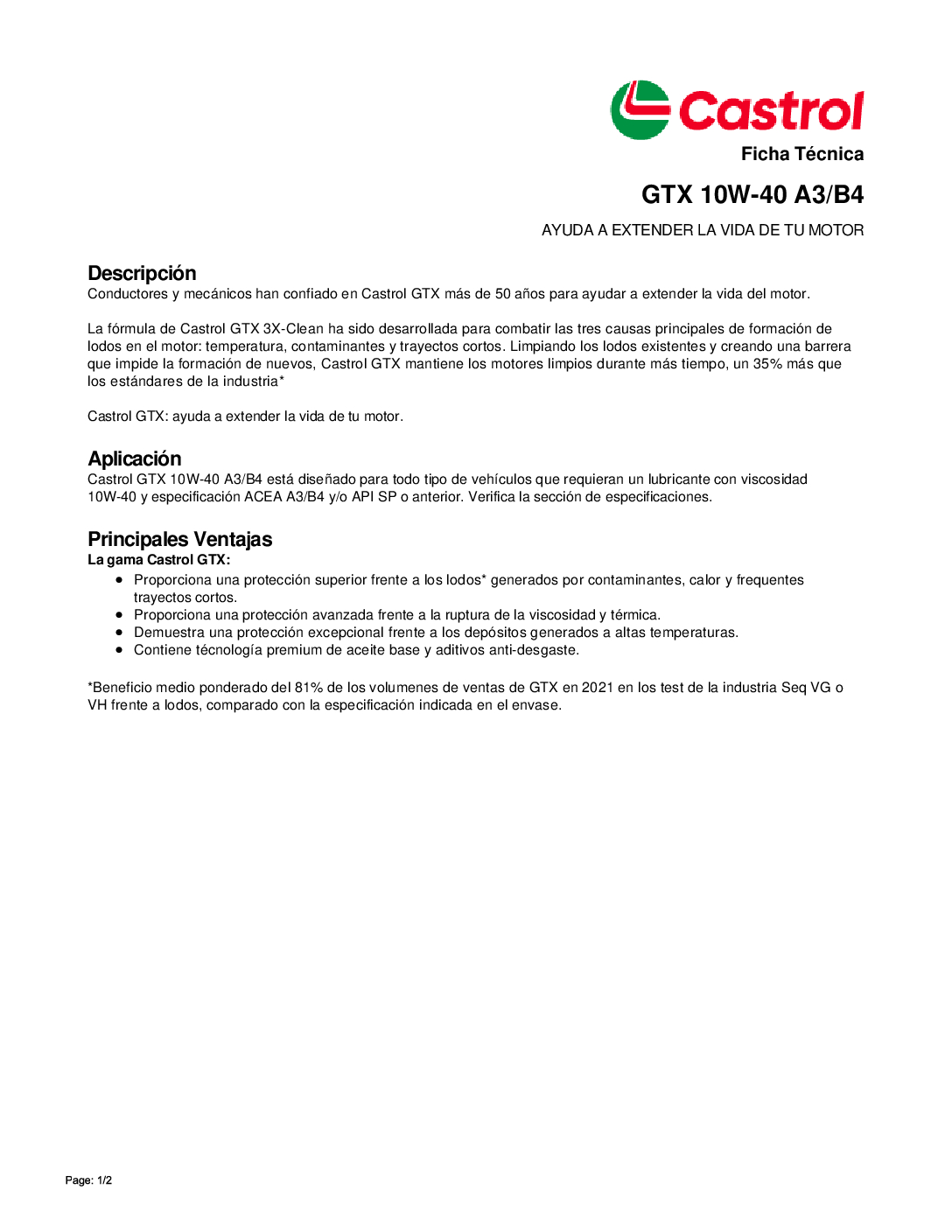 Aceite de Motor Castrol GTX Ultraclean 10W40 A3/B4 5L | Castrol