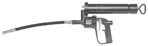 Pistola de engrase neumática Samoa de 500 cc con depósito de acero moleteado, gatillo de control y extensión flexible con boquilla hidráulica.