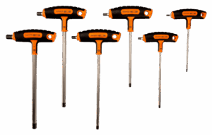 Juego profesional de 6 destornilladores Bahco 903T-1 con mango en T y punta hexagonal con bola (tamaños H3 a H10mm), fabricados en acero Cromo-Vanadio de alta calidad, con mangos bi-componentes ergonómicos y antideslizantes