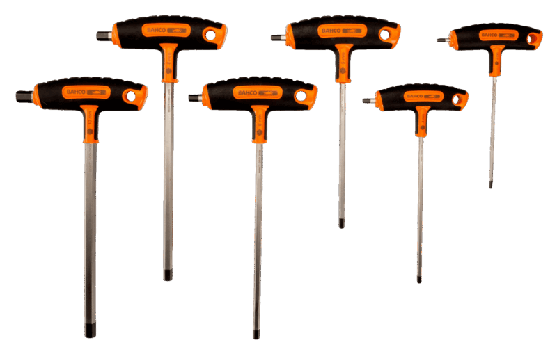 Juego profesional de 6 destornilladores Bahco 903T-1 con mango en T y punta hexagonal con bola (tamaños H3 a H10mm), fabricados en acero Cromo-Vanadio de alta calidad, con mangos bi-componentes ergonómicos y antideslizantes