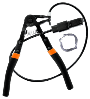 Alicates profesionales Bahco BE253 para abrazaderas EGR, equipados con un cable flexible de 850mm para accionamiento a distancia, una punta de herramienta giratoria para mejor acceso, y un mango ergonómico bi-material.
