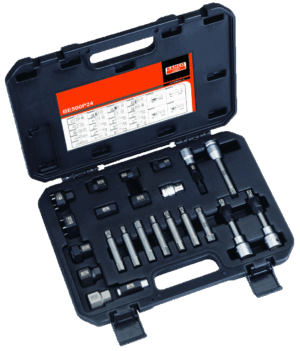 Juego profesional Bahco BE500P24 de 24 herramientas especializadas para el desmontaje e instalación de poleas de rueda libre de alternador (OAP/OAD), compatible con la mayoría de los alternadores (Bosch, Valeo, etc.), presentado en un robusto maletín con interior organizador.