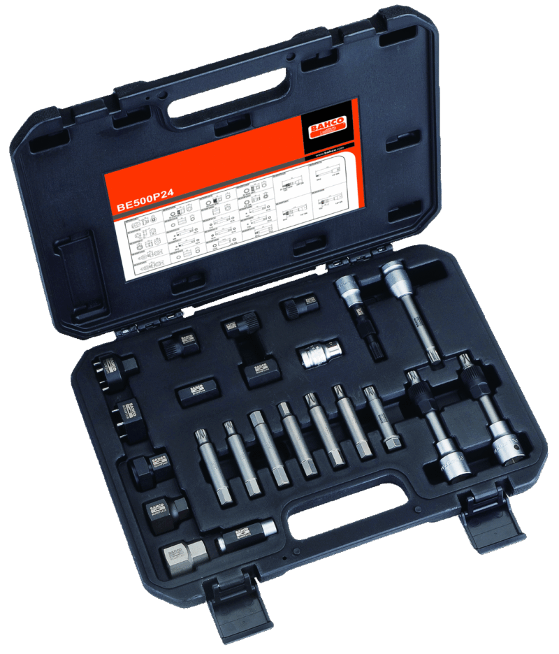 Juego profesional Bahco BE500P24 de 24 herramientas especializadas para el desmontaje e instalación de poleas de rueda libre de alternador (OAP/OAD), compatible con la mayoría de los alternadores (Bosch, Valeo, etc.), presentado en un robusto maletín con interior organizador.