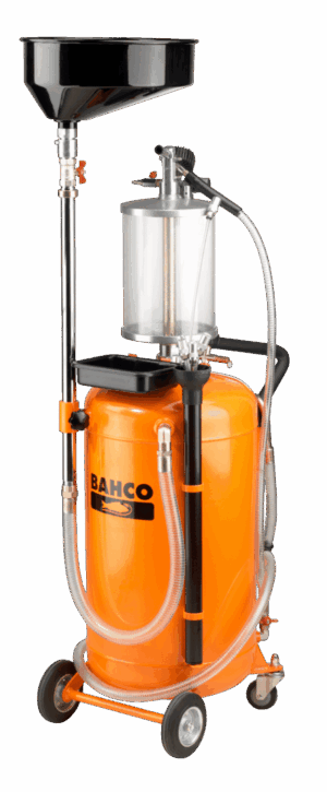"Recogedora de aceite usado profesional 2 en 1 Bahco BOD8903A, con depósito de 90 Litros, cámara de inspección visual de 9 Litros, sistema de drenaje por gravedad mediante embudo y sistema de succión neumática con un completo juego de 6 sondas y adaptadores, base móvil con ruedas y freno.