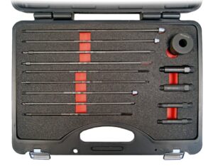 Juego de herramientas universal profesional Bahco BE513201 (14 piezas) para la extracción de puntas de electrodos de bujías de precalentamiento (calentadores) diésel rotas, para tamaños M8, M9 y M10, presentado en un robusto maletín con interior de foam