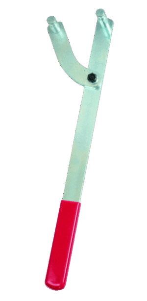 Llave universal y ajustable Bahco BE523106 para sujetar y bloquear piñones y poleas de motor, fabricada en acero de alta resistencia templado y fosfatado, con un rango de ajuste de hasta 189mm, robustas clavijas de Ø14mm y mango con protección de PVC