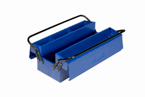 Caja de herramientas metálica Irimo 902031 de 3 bandejas tipo cantilever, abierta mostrando compartimentos
