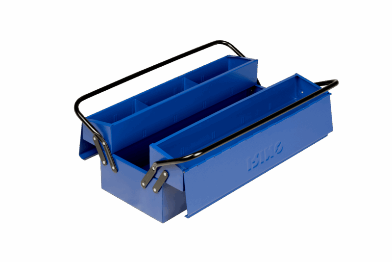 Caja de herramientas metálica Irimo 902031 de 3 bandejas tipo cantilever, abierta mostrando compartimentos