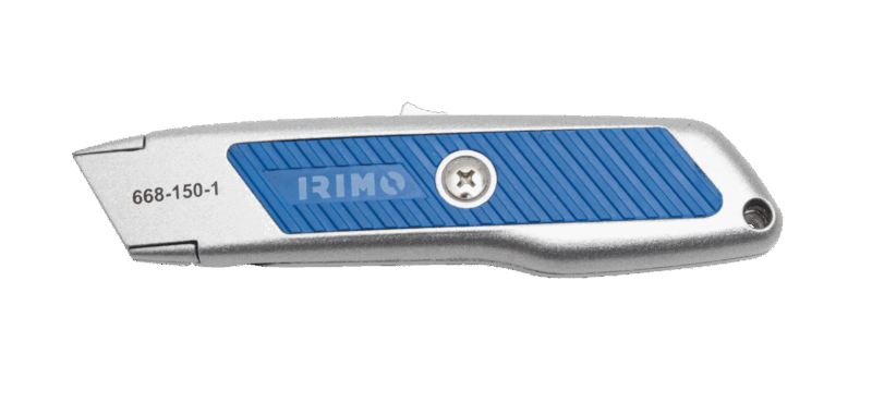 Cúter de seguridad profesional Irimo 668-150-1 con hoja trapezoidal de acero inoxidable, cuerpo robusto de aleación de zinc, 3 posiciones de extensión de hoja y mecanismo de bloqueo automático.