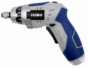 Atornillador a batería Irimo 3.6SDR de 3.6V con batería de Litio, en posición de pistola, con su luz LED de trabajo encendida y portapuntas de 1/4 pulgadas.
