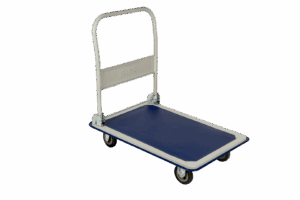 Plataforma de transporte industrial Irimo 9063HT150 con asa desplegada, capacidad para 150kg, base de acero con superficie antideslizante y ruedas maniobrables.