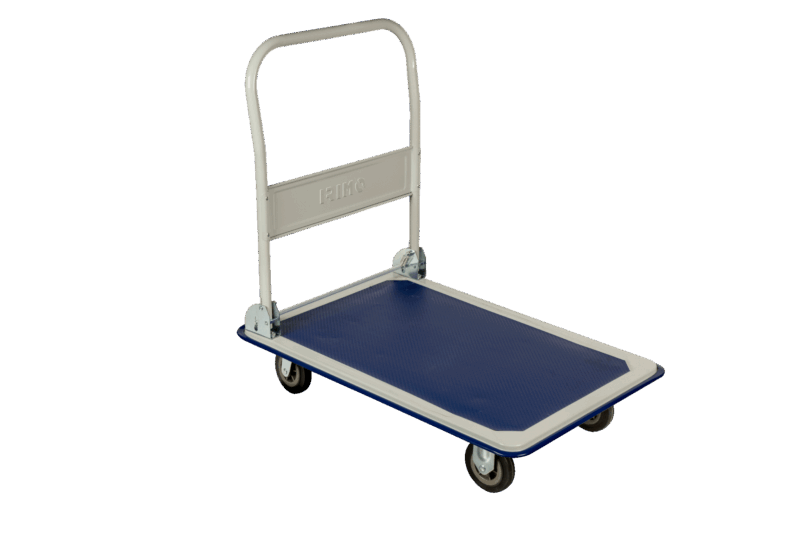 Plataforma de transporte industrial Irimo 9063HT150 con asa desplegada, capacidad para 150kg, base de acero con superficie antideslizante y ruedas maniobrables.