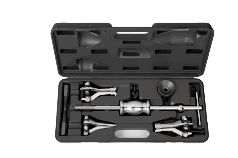 Juego de extractor interno y externo profesional Bahco 4590SHS5 con martillo de inercia de 1.2kg, múltiples adaptadores y garras autocentrantes para diámetros de 15-80mm, presentado en un robusto maletín moldeado por soplado