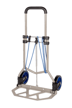 Carretilla transportadora manual plegable Irimo 9063FT90 desplegada, con capacidad de carga de 90kg, estructura de acero y base de aluminio, lista para transportar carga de forma segura