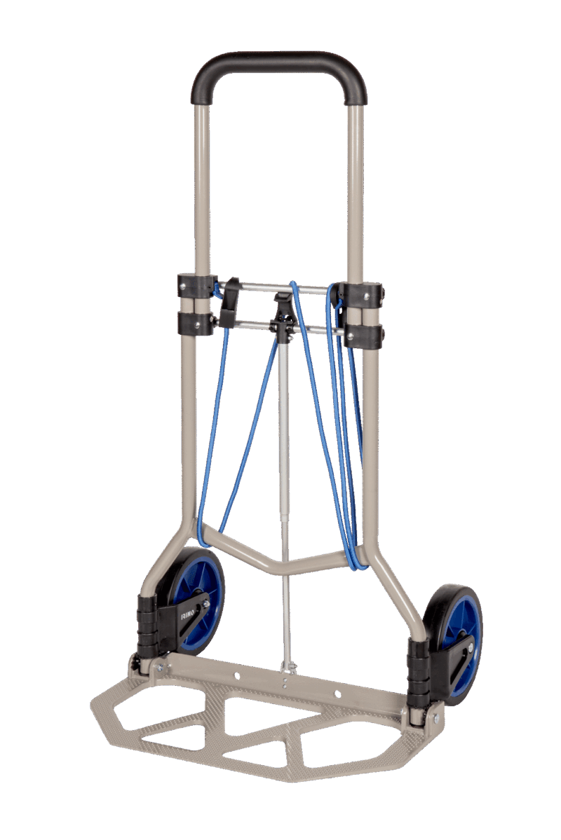 Carretilla transportadora manual plegable Irimo 9063FT90 desplegada, con capacidad de carga de 90kg, estructura de acero y base de aluminio, lista para transportar carga de forma segura