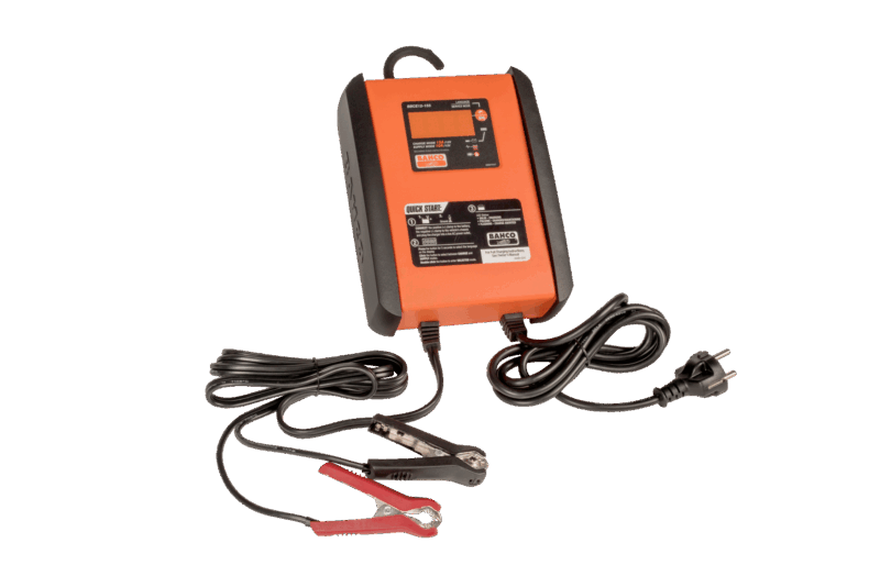 Mantenedor y cargador de baterías inteligente profesional Bahco BBCE12-15S de 12V y 15A, con ciclo de carga automático en 8 etapas, modo de suministro de energía, pantalla digital retroiluminada y sistema de conectores rápidos.