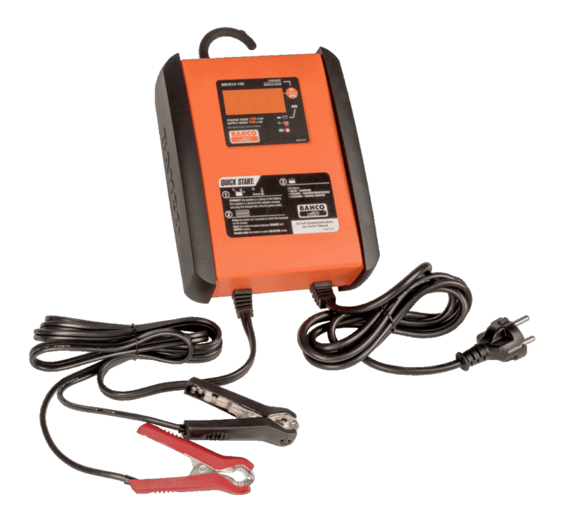 Mantenedor y cargador de baterías inteligente profesional Bahco BBCE12-15S de 12V y 15A, con ciclo de carga automático en 8 etapas, modo de suministro de energía, pantalla digital retroiluminada y sistema de conectores rápidos.