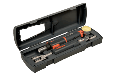 Soldador de gas profesional multifunción Bahco BGIS125, recargable con gas butano, con potencia ajustable equivalente a 25-125W eléctricos, suministrado con un completo juego de 5 puntas y boquillas intercambiables, encendido piezoeléctrico y múltiples características de seguridad.