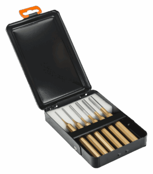 Juego profesional de 6 botadores cilíndricos Bahco 3734S/6 (diámetros de 2mm a 8mm, longitud 150mm) con mango octogonal y cabeza de impacto de seguridad, fabricados en acero aleado templado con acabado lacado color cobre, presentados en una caja metálica lacada en color antracita.