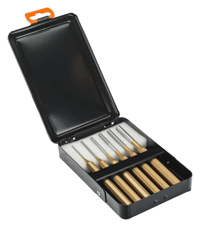 Juego profesional de 6 botadores cilíndricos Bahco 3734S/6 (diámetros de 2mm a 8mm, longitud 150mm) con mango octogonal y cabeza de impacto de seguridad, fabricados en acero aleado templado con acabado lacado color cobre, presentados en una caja metálica lacada en color antracita.