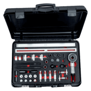Juego de herramientas universal profesional Bahco BE512201 para la extracción de inyectores diésel, con puente extractor, husillos de fuerza, múltiples adaptadores roscados para diferentes tipos de inyectores (Bosch, Delphi, Denso, Siemens, Toyota), presentado en un robusto maletín con interior de foam.