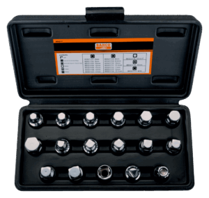 Juego profesional Bahco BE6217 de 17 piezas, con un extenso y muy versátil surtido de vasos y puntas especializadas (Hexagonales, Cuadrados, XZN M16 Inviolable, Triangular especial) con cuadradillo de 3/8 de pulgada para tapones de drenaje de aceite y transmisión, presentado en un robusto maletín.
