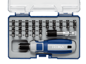 Juego profesional Irimo 475-32A-1 de 32 piezas con 30 puntas de atornillar de 1/4 de pulgada, destornillador portapuntas manual y portapuntas magnético para máquina, todo organizado en un práctico estuche de plástico