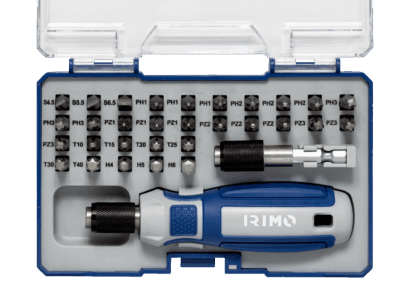 Juego profesional Irimo 475-32A-1 de 32 piezas con 30 puntas de atornillar de 1/4 de pulgada, destornillador portapuntas manual y portapuntas magnético para máquina, todo organizado en un práctico estuche de plástico
