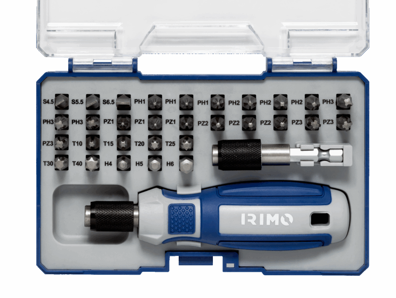 Juego profesional Irimo 475-32A-1 de 32 piezas con 30 puntas de atornillar de 1/4 de pulgada, destornillador portapuntas manual y portapuntas magnético para máquina, todo organizado en un práctico estuche de plástico