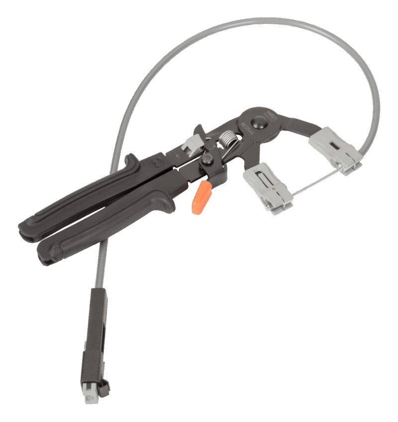 Herramienta de carraca compacta profesional Bahco BE254A para abrazaderas de manguera, equipada con un cable flexible de 590mm para accionamiento a distancia, un cabezal giratorio para mejor acceso, un mecanismo de bloqueo tipo carraca y un mango ergonómico bi-material