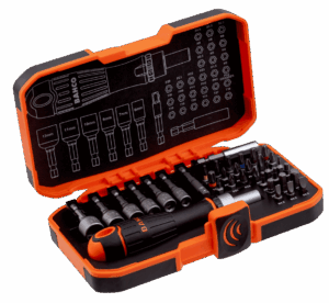 Juego profesional Bahco 59/S36BCR de 36 piezas, con destornillador de carraca de 1/4 de pulgada, un extenso surtido de puntas "heavy duty" de acero S2, vasos y accesorios, todo perfectamente organizado en un maletín compacto de alta calidad