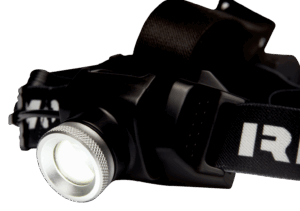 Linterna frontal LED recargable profesional Irimo L-HEAD-1 con 400 lúmenes de potencia, función de zoom ajustable, cabezal articulado y luz roja trasera de seguridad.