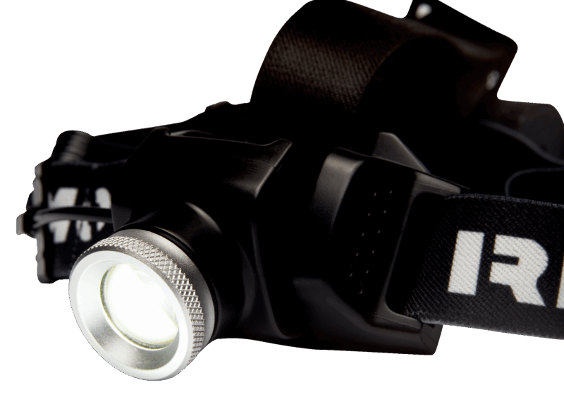 Linterna frontal LED recargable profesional Irimo L-HEAD-1 con 400 lúmenes de potencia, función de zoom ajustable, cabezal articulado y luz roja trasera de seguridad.