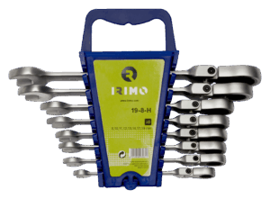 Juego profesional de 8 llaves combinadas Irimo 19-8-H (tamaños 8mm a 19mm) con cabeza de carraca flexible de 72 dientes, fabricadas en acero aleado de alto rendimiento, con práctico soporte organizador