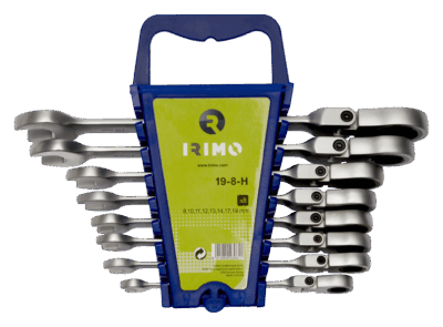 Juego profesional de 8 llaves combinadas Irimo 19-8-H (tamaños 8mm a 19mm) con cabeza de carraca flexible de 72 dientes, fabricadas en acero aleado de alto rendimiento, con práctico soporte organizador