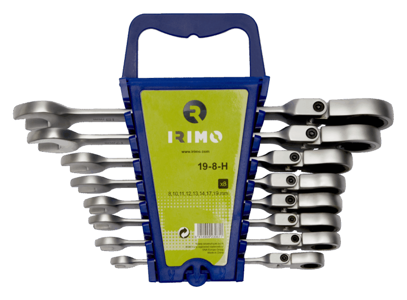 Juego profesional de 8 llaves combinadas Irimo 19-8-H (tamaños 8mm a 19mm) con cabeza de carraca flexible de 72 dientes, fabricadas en acero aleado de alto rendimiento, con práctico soporte organizador