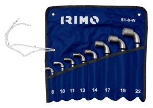 Juego profesional de 8 llaves de tubo en L Irimo 51-8-W (tamaños 8mm a 22mm), con diseño de doble boca (hexagonal y bi-hexagonal), fabricadas en acero aleado con acabado cromo mate, presentadas en su práctico estuche organizador.