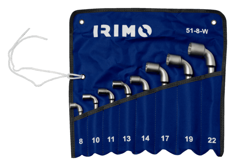Juego profesional de 8 llaves de tubo en L Irimo 51-8-W (tamaños 8mm a 22mm), con diseño de doble boca (hexagonal y bi-hexagonal), fabricadas en acero aleado con acabado cromo mate, presentadas en su práctico estuche organizador.