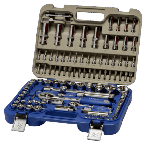 Juego de herramientas profesional Irimo 129-108-4 compuesto por 108 piezas con vasos hexagonales, vasos con punta, puntas de atornillar y carracas de 1/4 y 1/2 pulgada, todo organizado en un maletín de HDPE