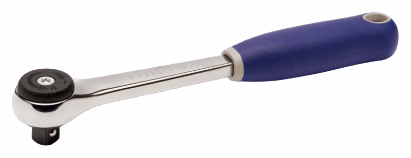 Carraca reversible redonda profesional Irimo 125501 de 1/2 pulgada, con mecanismo de 72 dientes, ángulo de acción de 5 grados, mango bi-componente ergonómico y dimensiones detalladas.