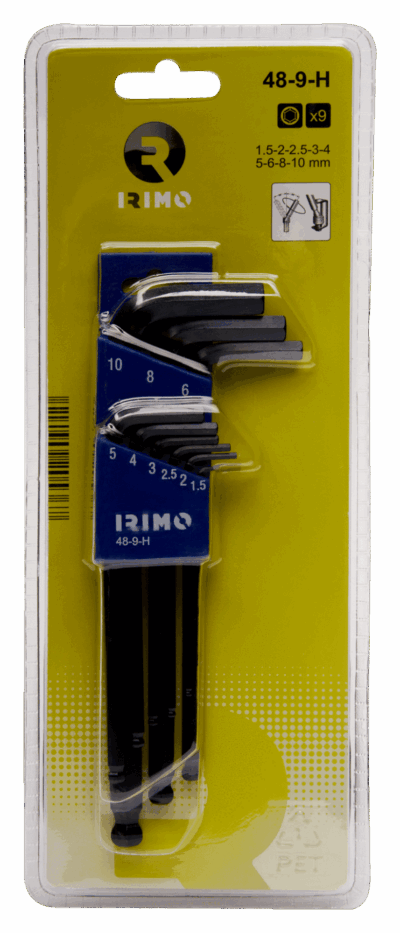 Juego 9 llaves Allen largas – 1.5-10mm, punta bola, soporte | Irimo