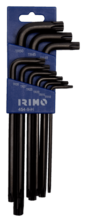 Juego profesional de 9 llaves acodadas de brazo largo Irimo 454-9-H con punta TORX® inviolable (Tamper-Resistant), en tamaños de TR10 a TR50, fabricadas en acero templado con acabado pavonado, y presentadas en un práctico soporte de plástico plegable.