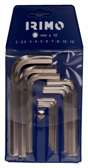 Juego profesional de 10 llaves Allen (hexagonales acodadas) métricas Irimo 041021, en tamaños de 2mm a 12mm, fabricadas en acero templado de alta calidad con un duradero acabado niquelado, presentadas en su práctico estuche de plástico organizador